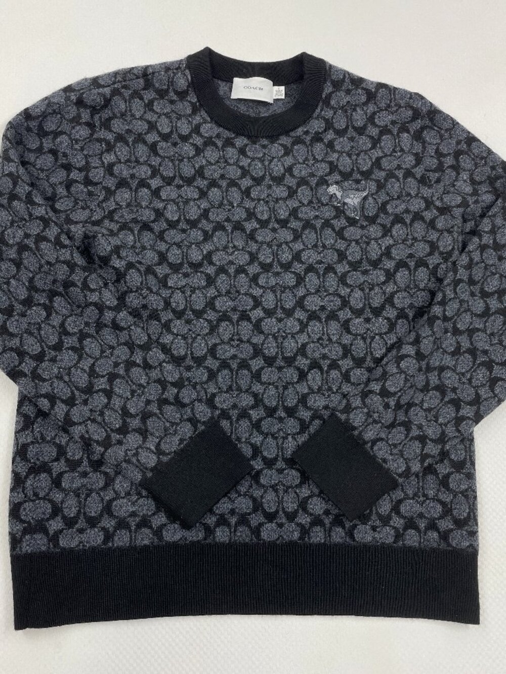 Coach Signature Rexy Dinosaur T-Rex Wool Crewneck Black Gray Sweater Men's S